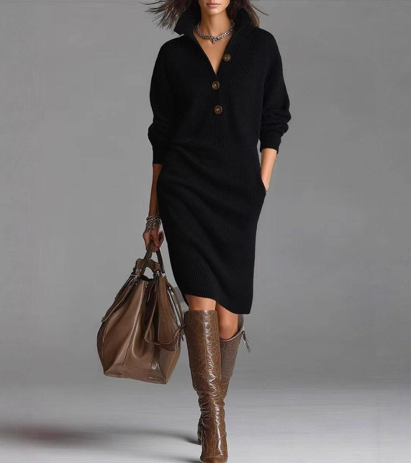 Damen Strickkleid mit V-Ausschnitt | Knielanges Kleid mit Knopfleiste und weicher Strickstruktur | Für Herbst und Winter