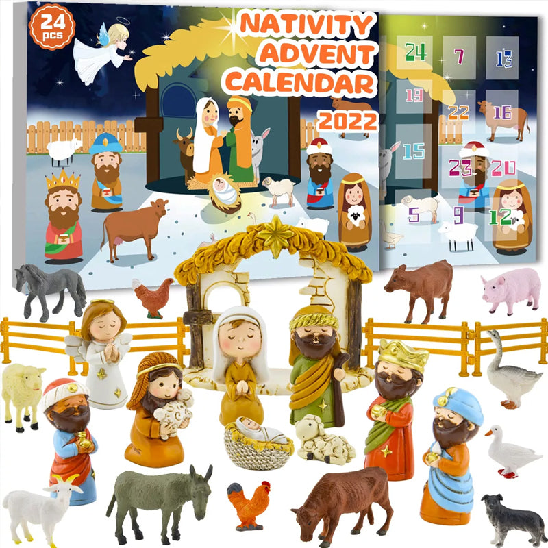 Krippen Adventskalender mit 24 Spielfiguren | Weihnachtskalender mit Krippenfiguren aus Kunststoff für Kinder und Familien
