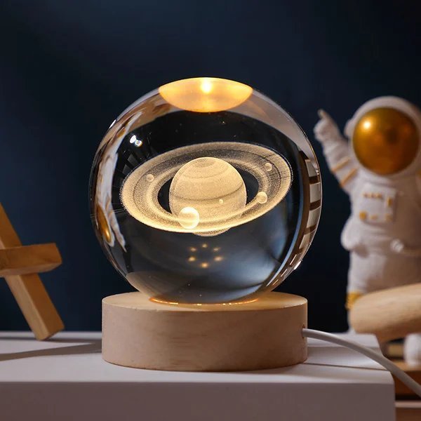 Boule de cristal 3D système solaire | Gravure laser | Option avec base lumineuse LED et boîte cadeau