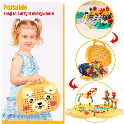 Kinder Konstruktionsset mit Spielzeug-Bohrmaschine | Schraubspielzeug im Werkzeugkoffer | Kreatives Bauen mit Schrauben &amp; Muttern | Fördert Motorik &amp; Kreativität