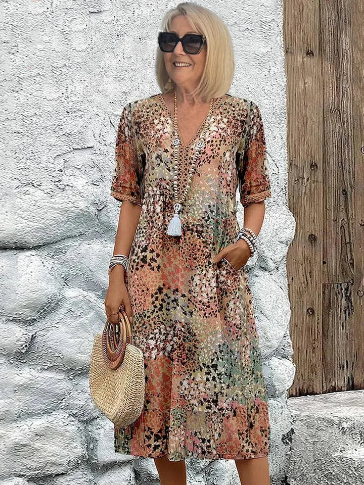 Robe midi pour femmes en mélange lin-coton | Encolure en V &amp; imprimé vivant | Coupe fluide, confortable &amp; élégante (S–3XL)