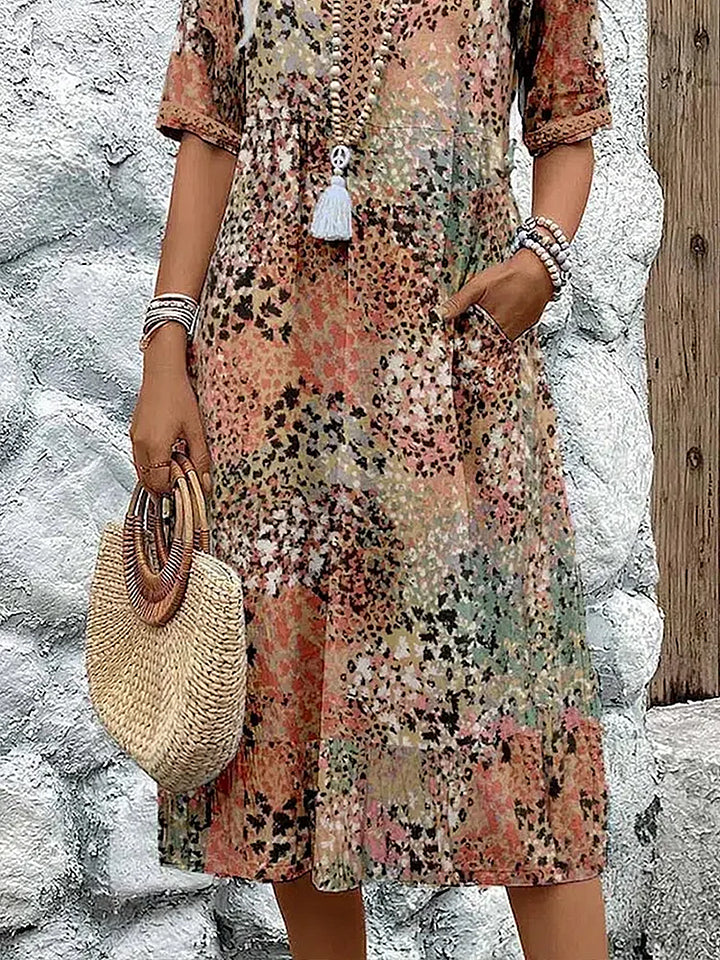 Robe midi pour femmes en mélange lin-coton | Encolure en V &amp; imprimé vivant | Coupe fluide, confortable &amp; élégante (S–3XL)