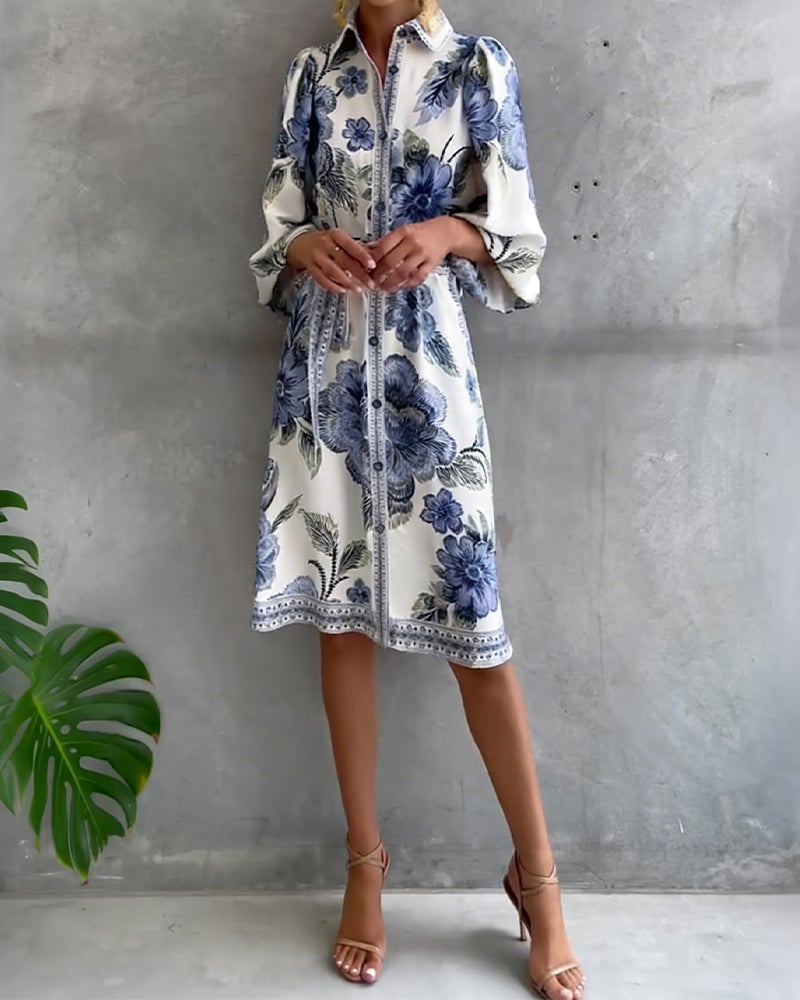 Damen A-Linien Kleid mit Print | Knielanges Kleid mit Reverskragen &amp; Laternenärmeln | Elegant für Frühling &amp; Sommer