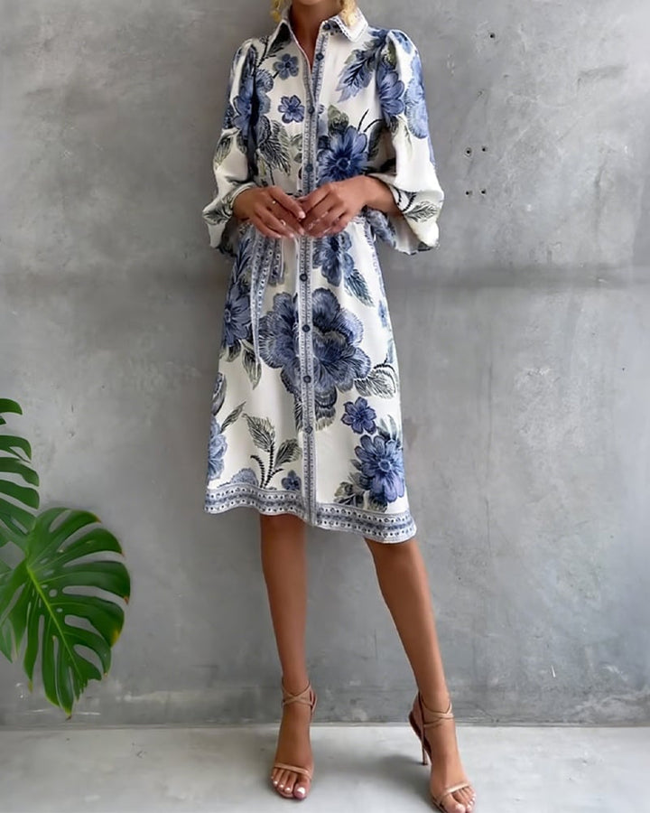 Damen A-Linien Kleid mit Print | Knielanges Kleid mit Reverskragen &amp; Laternenärmeln | Elegant für Frühling &amp; Sommer
