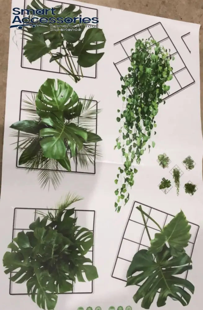 Wanddekoration mit Kunstpflanzen in Metall-Rautenrahmen | Set aus 5 Teilen (85 × 105 cm) | Grüner Akzent für Wohnzimmer oder Büro