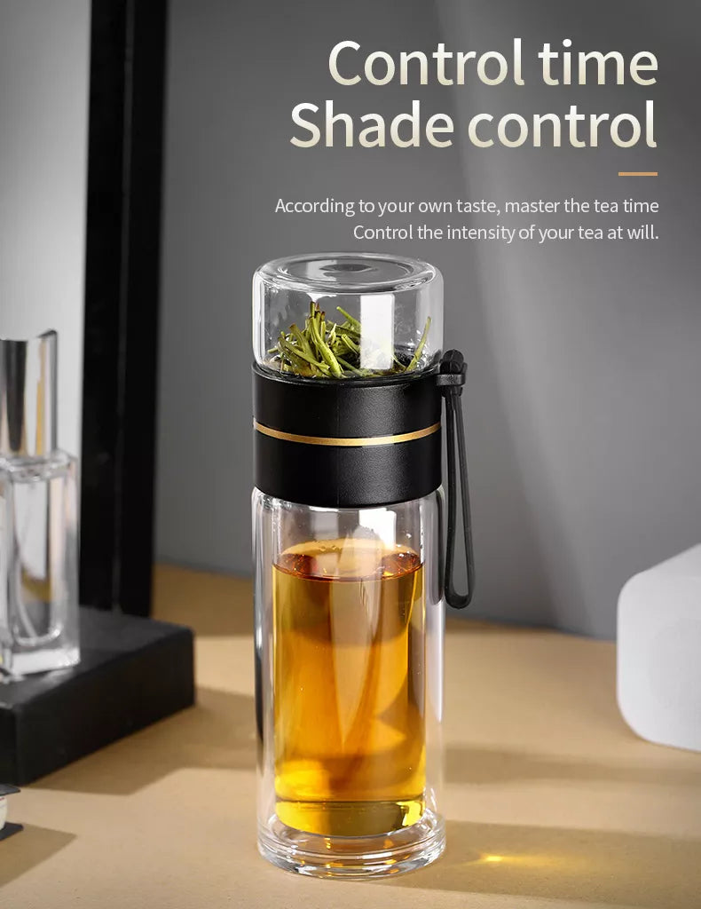 Double-walled glass tea bottle with tea filter | Leak-proof &amp; to-go | For loose tea, herbal tea &amp; tea bags