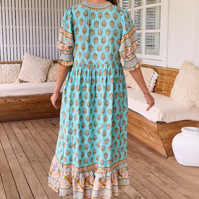 Boho-kukkakuvioinen mekko V-kaula-aukolla | Korkea vyötärö &amp; A-linjainen leikkaus | Hengittävä &amp; liehuva