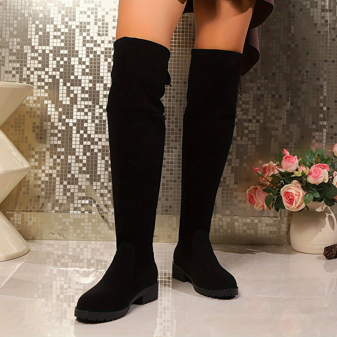 Damen Overknee-Stiefel mit Plateausohle | Hoher Schaft, mittlerer Blockabsatz und runde Spitze | Schlupfstiefel für Winter