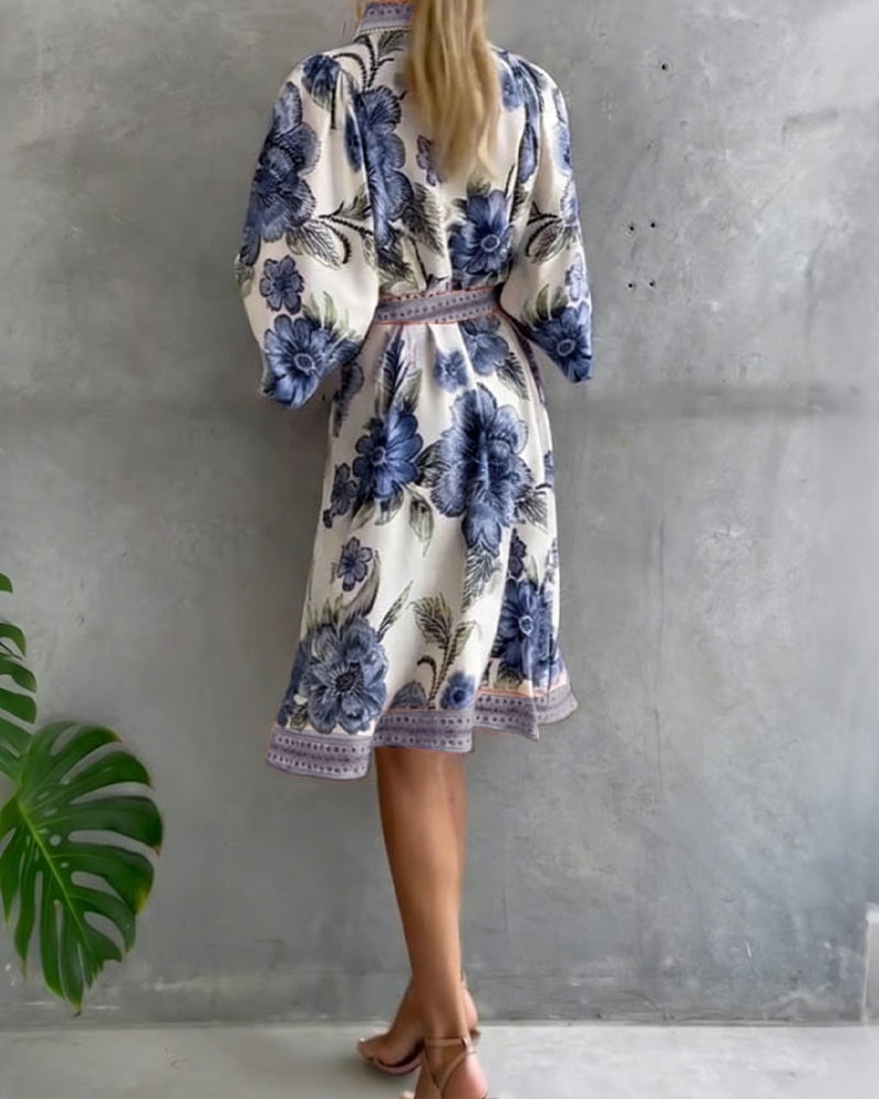 Damen A-Linien Kleid mit Print | Knielanges Kleid mit Reverskragen &amp; Laternenärmeln | Elegant für Frühling &amp; Sommer