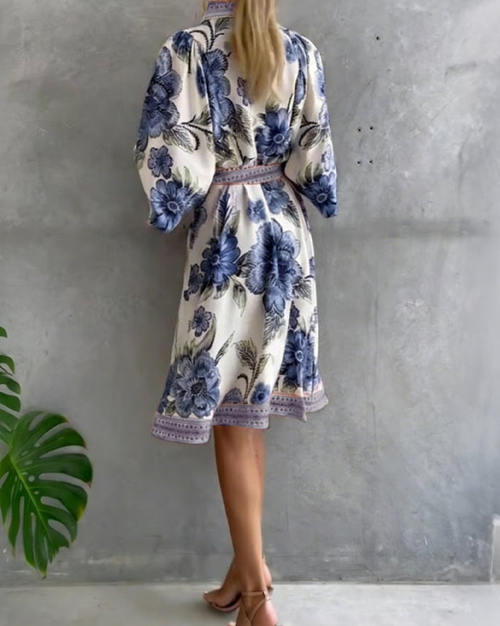 Damen A-Linien Kleid mit Print | Knielanges Kleid mit Reverskragen &amp; Laternenärmeln | Elegant für Frühling &amp; Sommer