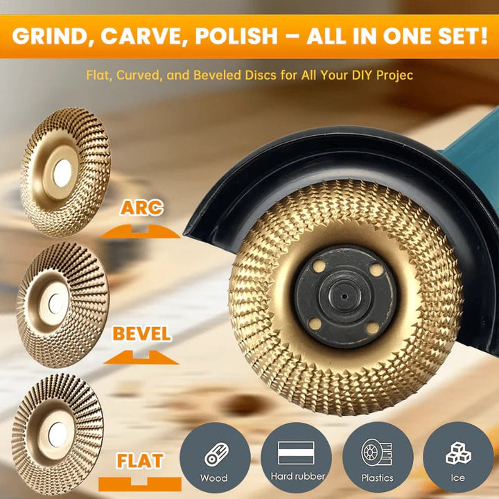 Set di dischi per intaglio in legno 3 pezzi per smerigliatrice angolare da 100 | Ø 4", foro 16 mm | Piatto/convesso/smussato per modellare e levigare