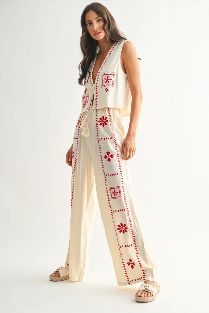Damen Zweiteiler Leinen-Set mit Stickerei | Ärmellose Weste &amp; Weite Hose | Luftiges Sommer-Set | Boho Stil