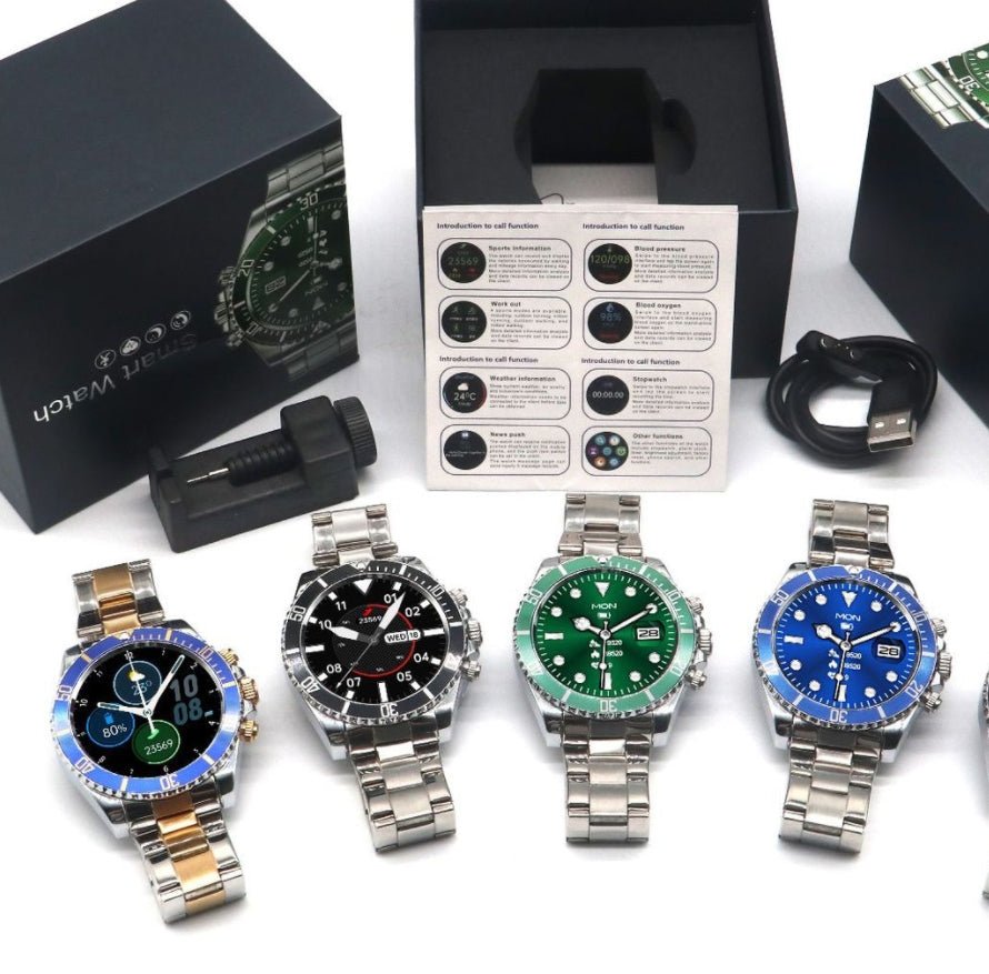 Montre connectée écran HD 1,28 pouce | Lunette rotative &amp; appels Bluetooth | Fréquence cardiaque, sommeil, modes sport, bracelet acier inoxydable
