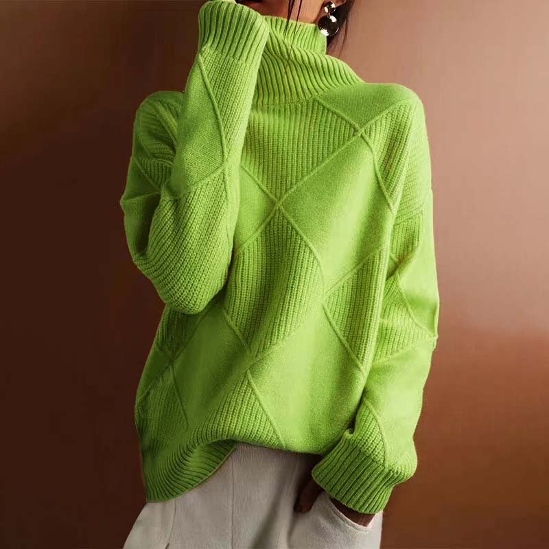 Damen Strickpullover mit hohem Kragen | Warmer Winterpullover mit strukturiertem geometrischem Muster für moderne Winterlooks