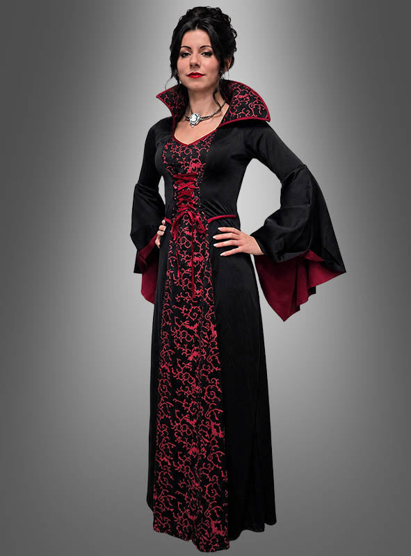 Vampir Königin Kostüm Damen | Bodenlanges Vampirkleid mit Fledermausärmeln, Stehkragen und Halsband für Halloween