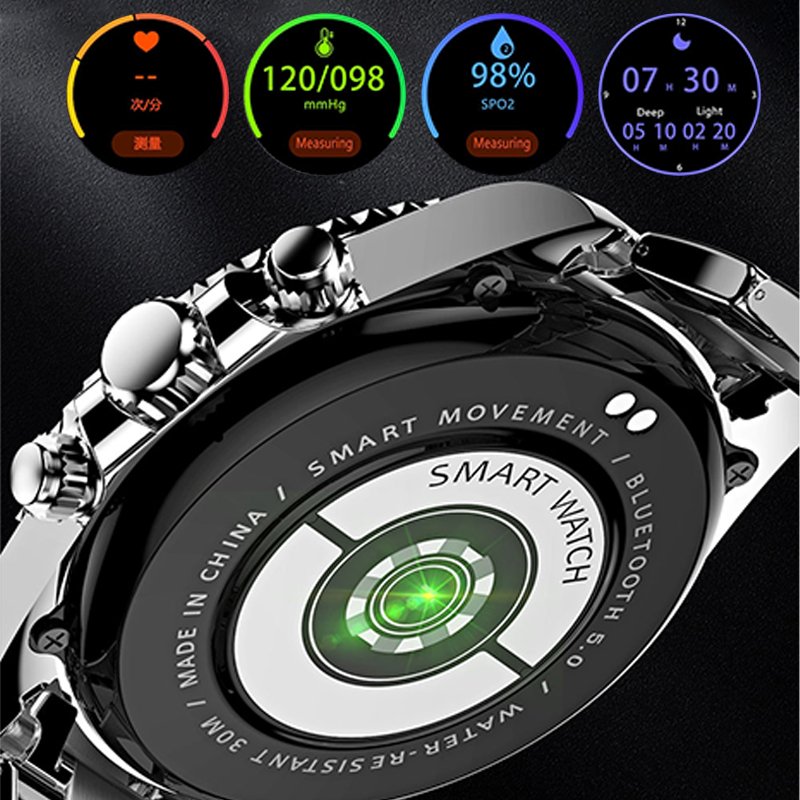 Montre connectée écran HD 1,28 pouce | Lunette rotative &amp; appels Bluetooth | Fréquence cardiaque, sommeil, modes sport, bracelet acier inoxydable