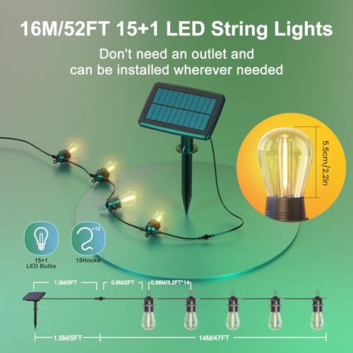 Solar Lichterkette außen 15,8 m mit Fernbedienung | IP65, 2700K warmweiß, 4 Lichtmodi und USB-C-Ladefunktion
