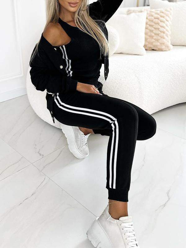 Damen 3-teiliges Set mit Baseballjacke, Racerback Top &amp; Jogginghose | Wärmend &amp; atmungsaktiv | Seitenstreifen Look | S–5XL