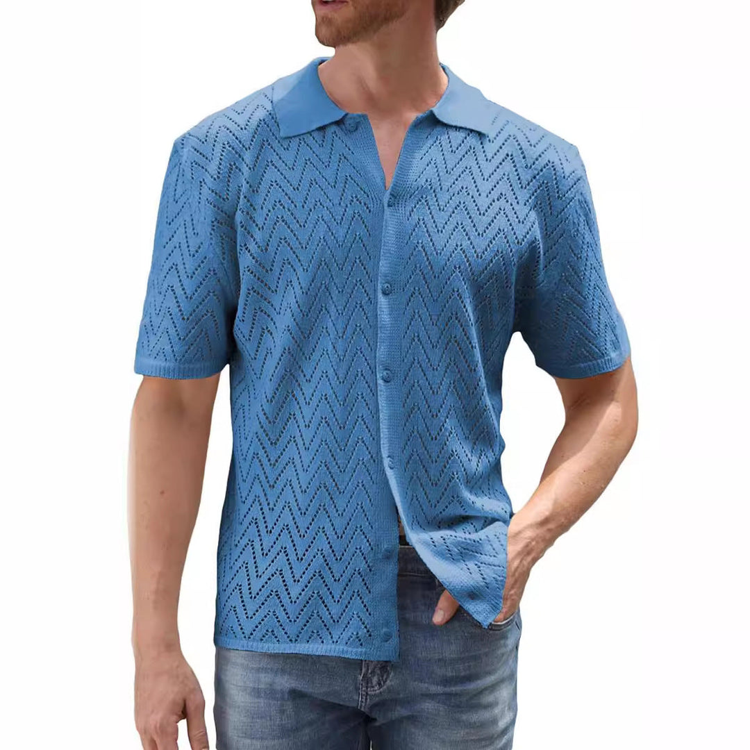 Herren Sommer Shirt Kurzarm Polyester mit Hohlmuster | Lockerer Freizeit-Look | Atmungsaktives Hemd für Urlaub und Alltag