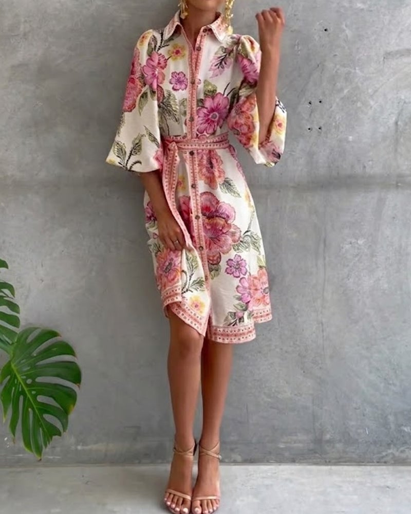 Damen A-Linien Kleid mit Print | Knielanges Kleid mit Reverskragen &amp; Laternenärmeln | Elegant für Frühling &amp; Sommer