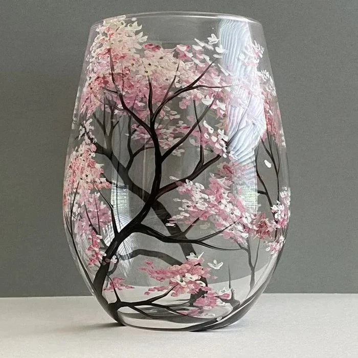 Handbemalte Weingläser 4er-Set | Weingläser mit Vier-Jahreszeiten-Baummotiven | 350 ml &amp; spülmaschinenfest