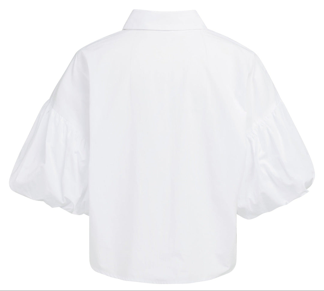 Damen Bluse | Oversize-Bluse mit kurzen Ballonärmeln, Kragen und Knopfleiste