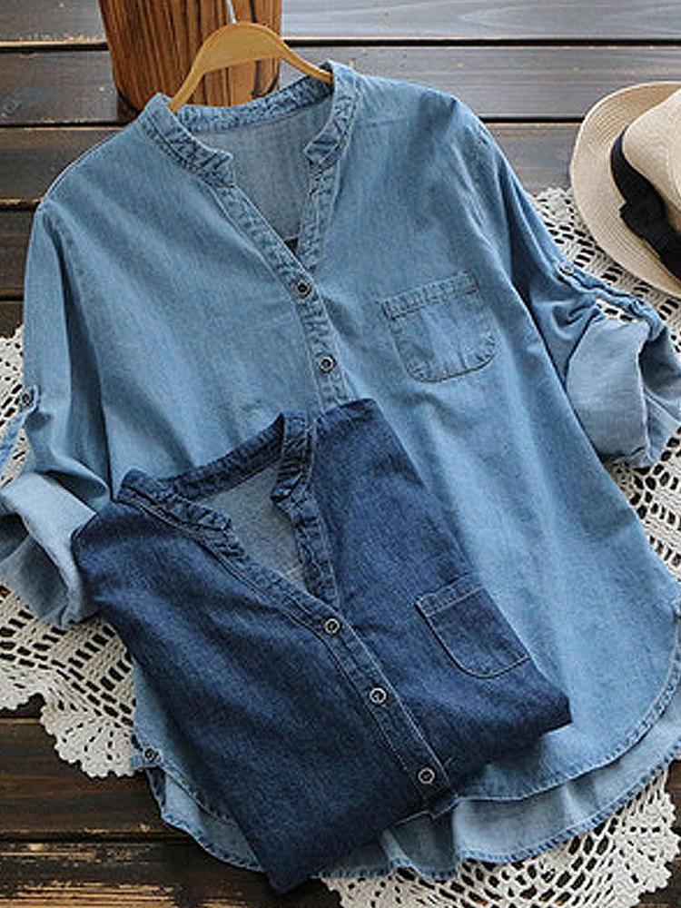 Denim Blouse for Women | Adjustable Sleeves &amp; Casual Chic | Versatile Top for Everyday &amp; Leisure