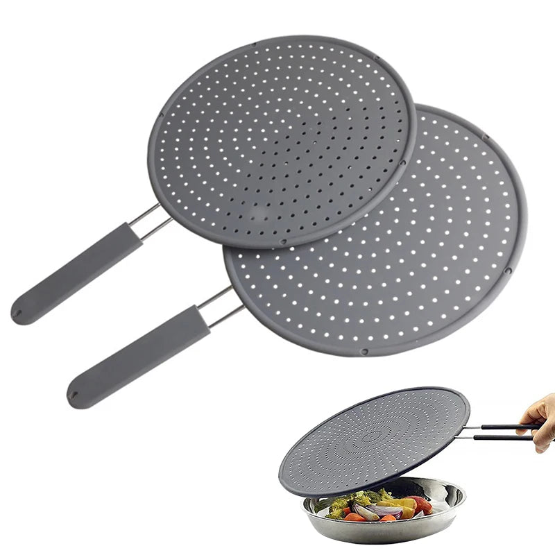 Spritzschutz für Pfannen | Hitzebeständiger Silikon-Deckel mit Edelstahlgriff für Töpfe und Pfannen bis 28 cm