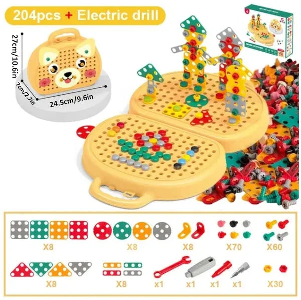 BauBohrer™ Montessori Bau- &amp; Bohrset | 2D &amp; 3D Kreativspiel | Fördert STEM-Fähigkeiten &amp; Feinmotorik