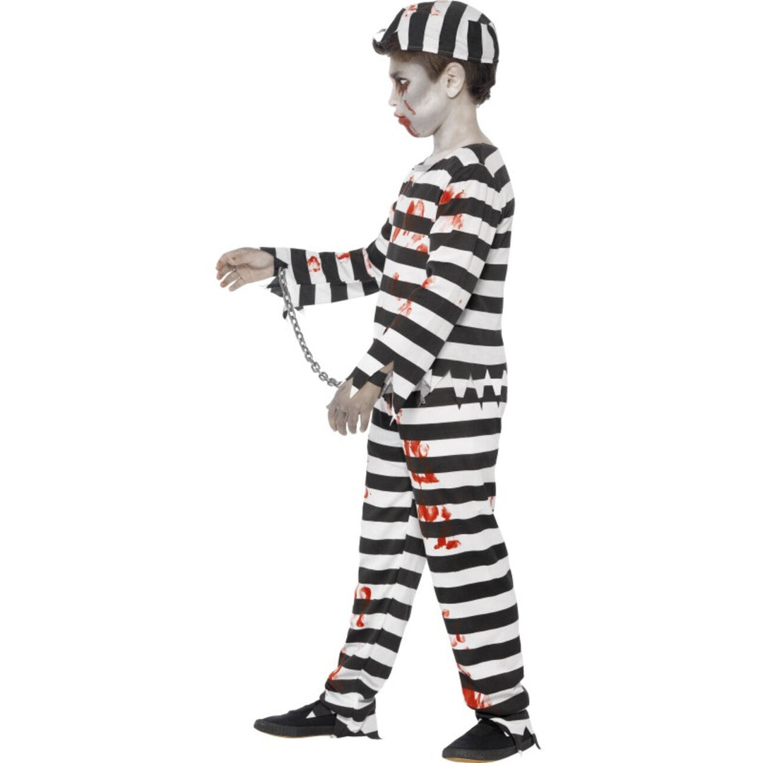 Jungen Zombie Gefangenen Kostüm Schwarz Weiß | Halloween Sträfling Kostüm mit Shirt, Hose, Mütze und Handfesseln