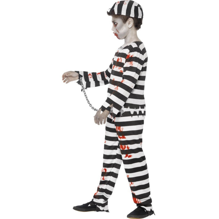 Jungen Zombie Gefangenen Kostüm Schwarz Weiß | Halloween Sträfling Kostüm mit Shirt, Hose, Mütze und Handfesseln