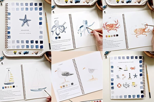 Cahier de travail aquarelle pour débutants | 12 motifs avec guide étape par étape | Papier 120 lb, 6,5"×9", mélange et peinture