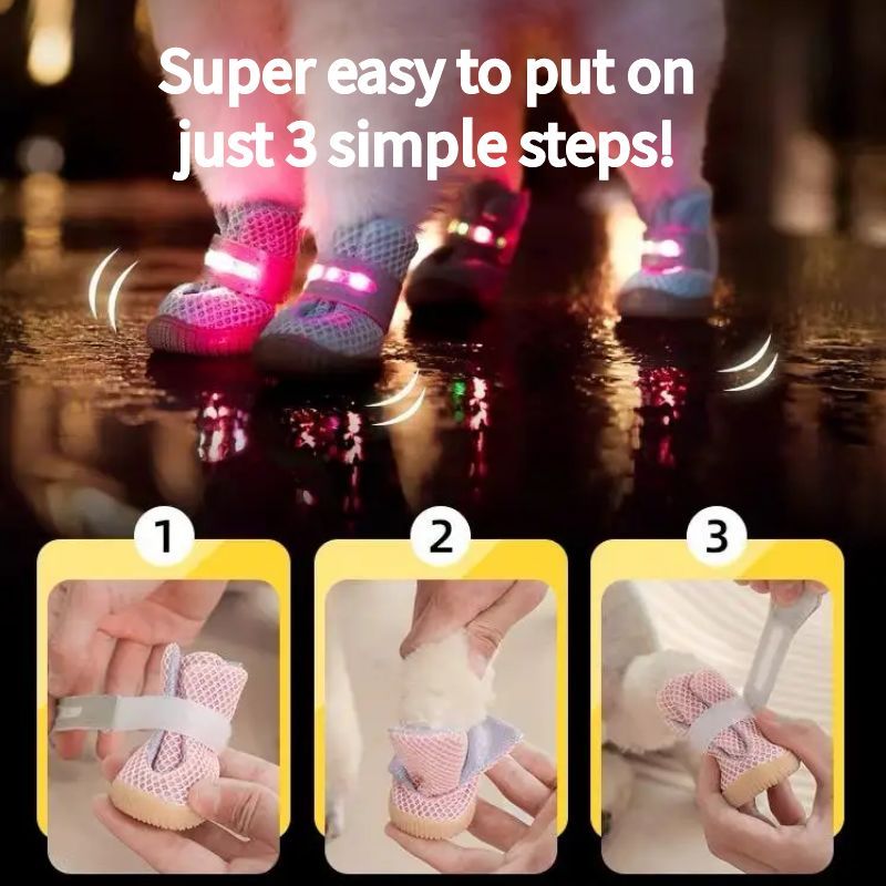 LED Hundeschuhe 4er-Set mit Antirutschsohle | Leuchtende Pfotenschuhe für Hunde | Atmungsaktives Mesh &amp; Klettverschluss | XS–XL