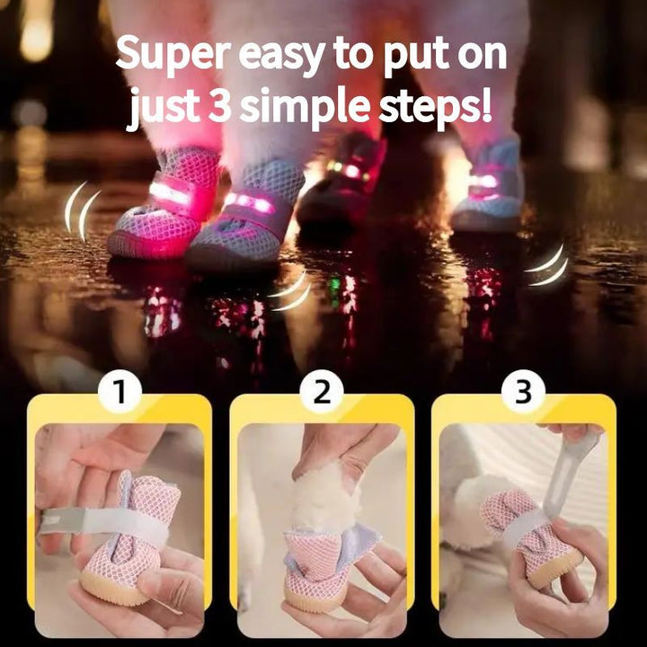 LED Hundeschuhe 4er-Set mit Antirutschsohle | Leuchtende Pfotenschuhe für Hunde | Atmungsaktives Mesh &amp; Klettverschluss | XS–XL