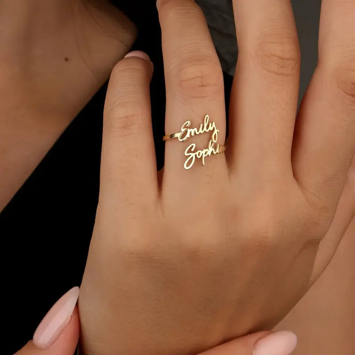 Personalisierbarer Namensring mit 2 Namen | Edelstahl mit 18K-Vergoldung | Verstellbare Größe | Gold, Silber &amp; Roségold
