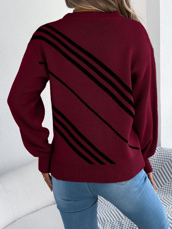 Damen Strickpullover mit Streifenmuster | Lässiger Pullover mit Rundhalsausschnitt, langen Ballonärmeln und bequemer Passform