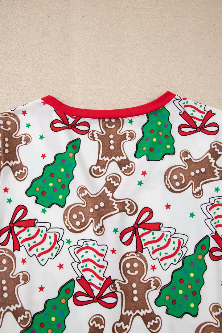 Damen Weihnachtspyjama 2-teilig in Weiß | Langarmoberteil mit V-Ausschnitt und Knöpfen | Lange Hose mit verstellbarem Kordelzug