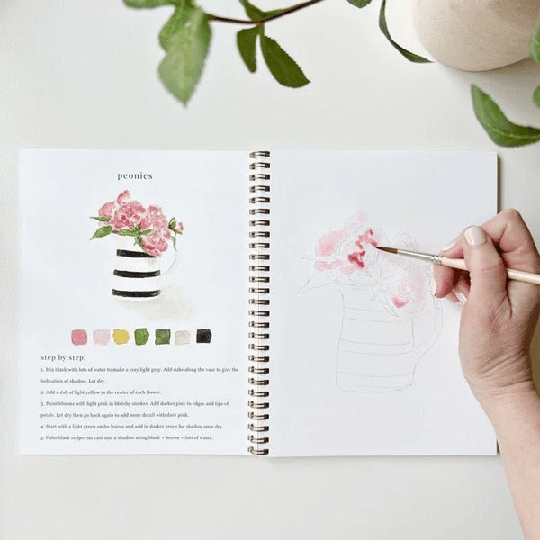 Cahier de travail aquarelle pour débutants | 12 motifs avec guide étape par étape | Papier 120 lb, 6,5"×9", mélange et peinture