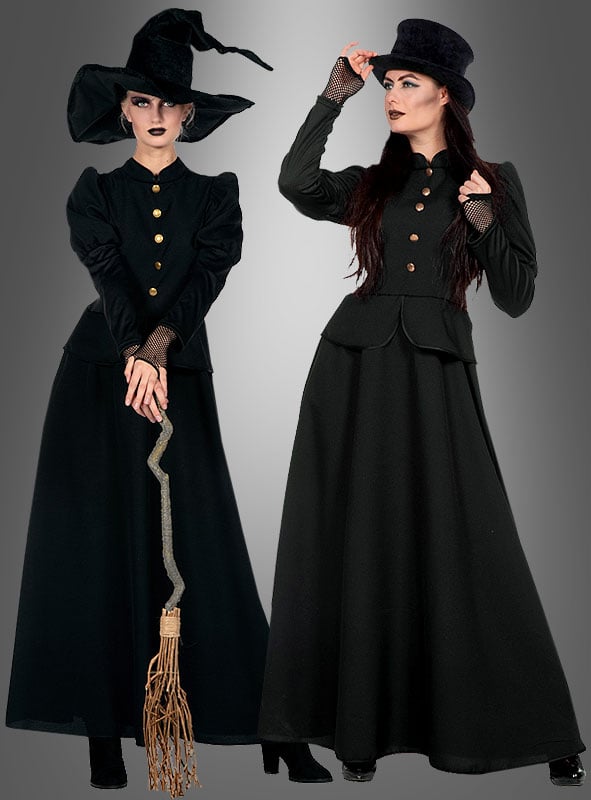 Hexenkostüm Damen schwarz | Langes klassisches Hexenkleid mit Schnürung und viktorianischem Schnitt für Halloween und Steampunk