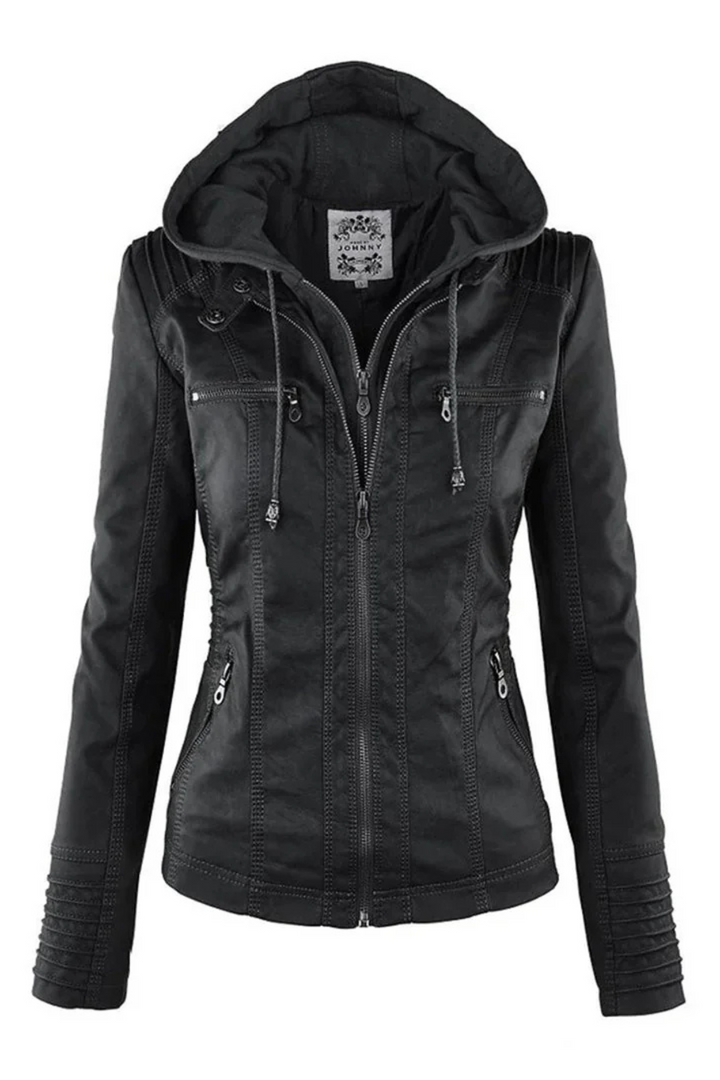 Damen Lederoptik Jacke mit Kapuze in Schwarz | Wetterfeste Übergangsjacke mit abnehmbarer Kapuze und weichem Innenfutter