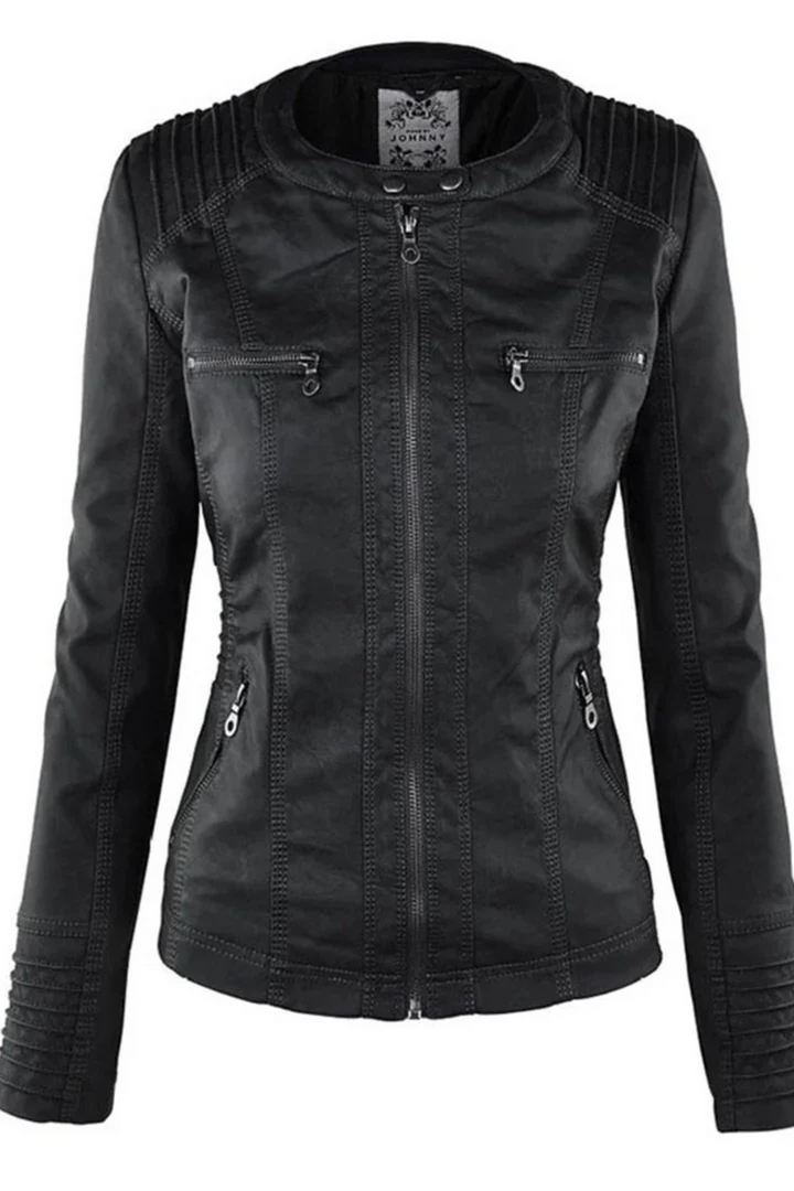 Damen Lederoptik Jacke mit Kapuze in Schwarz | Wetterfeste Übergangsjacke mit abnehmbarer Kapuze und weichem Innenfutter