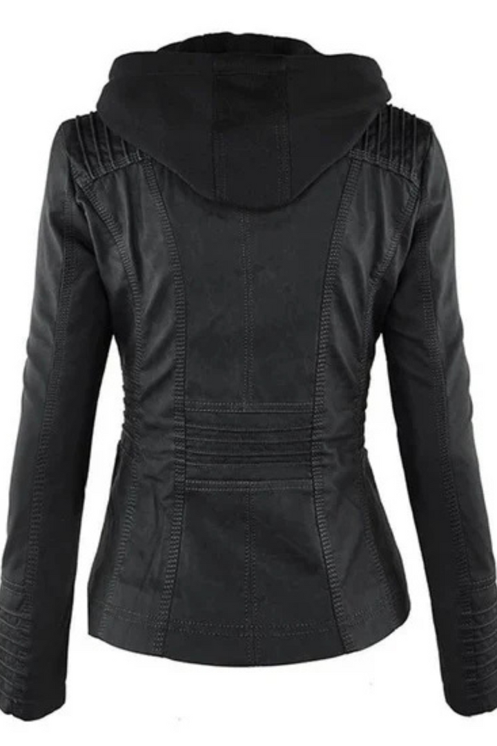 Damen Lederoptik Jacke mit Kapuze in Schwarz | Wetterfeste Übergangsjacke mit abnehmbarer Kapuze und weichem Innenfutter