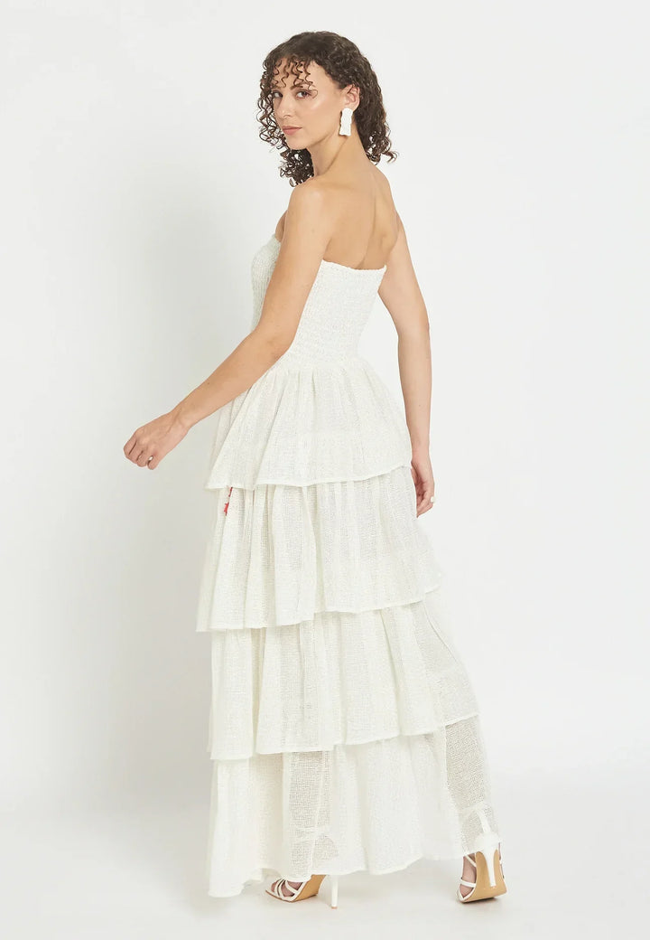 Damen Gestuftes Maxi-Kleid mit Schulterfreiem Ausschnitt | Gesmoktes Oberteil | Luftiges Sommerkleid mit Stickerei