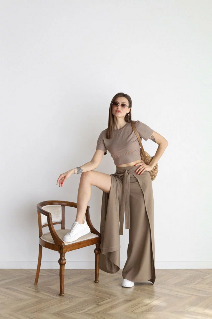 Pantalon en lin femme | Jambe large &amp; design portefeuille | Taille haute, confortable &amp; élégant pour quotidien &amp; occasions spéciales