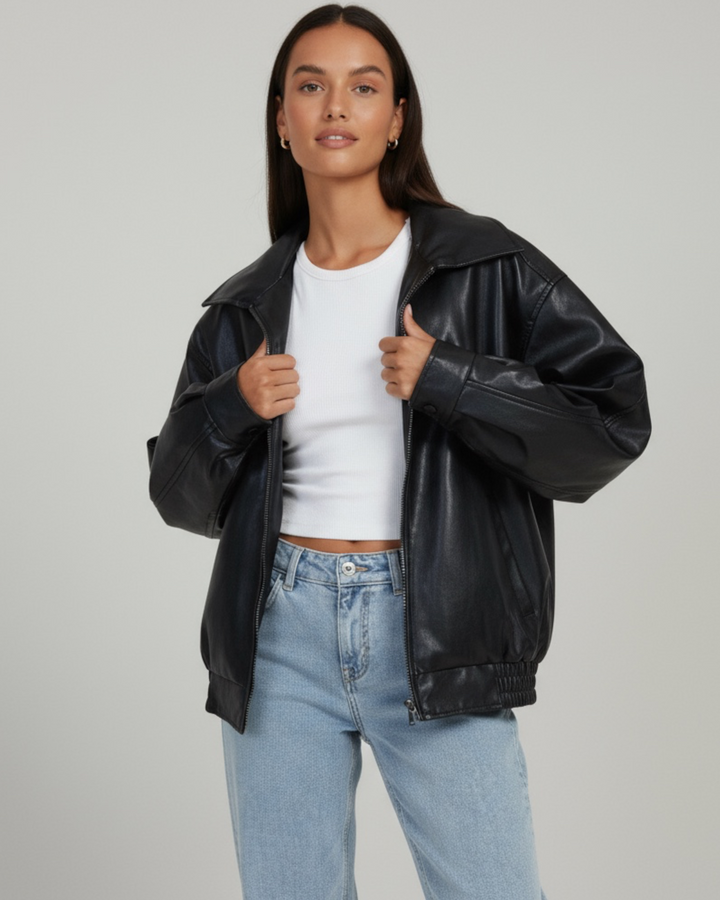 Damen Oversize Lederjacke im Vintage-Stil | Lässige Jacke mit überschnittenen Schultern und weicher Innenseite für Alltag