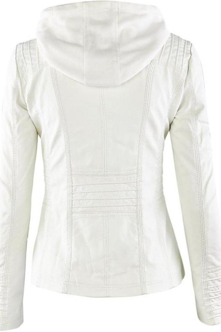 Damen Lederoptik Jacke mit Kapuze in Weiß | Wetterfeste Übergangsjacke mit abnehmbarer Kapuze und weichem Innenfutter