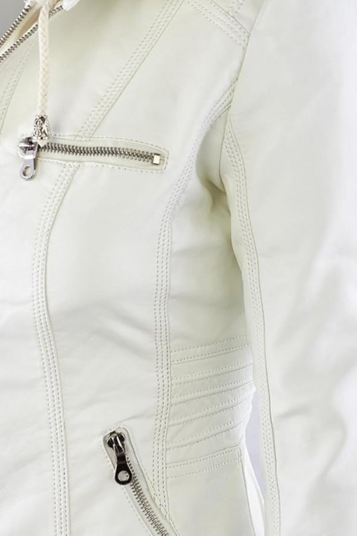 Damen Lederoptik Jacke mit Kapuze in Weiß | Wetterfeste Übergangsjacke mit abnehmbarer Kapuze und weichem Innenfutter