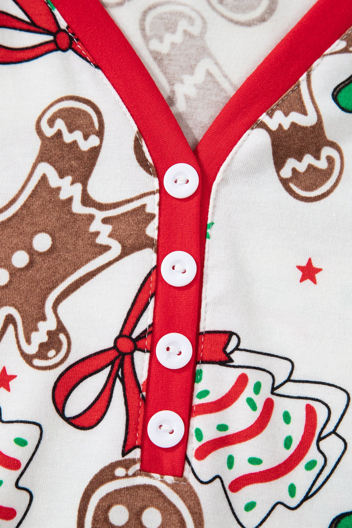 Damen Weihnachtspyjama 2-teilig in Weiß | Langarmoberteil mit V-Ausschnitt und Knöpfen | Lange Hose mit verstellbarem Kordelzug