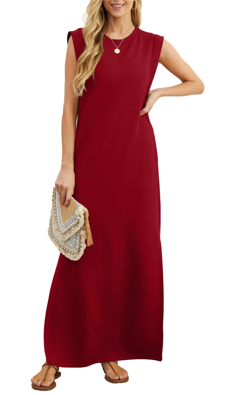 Damen Maxikleid mit Seitenschlitz | Ärmelloses Sommerkleid mit Taschen | Lockeres Freizeitkleid