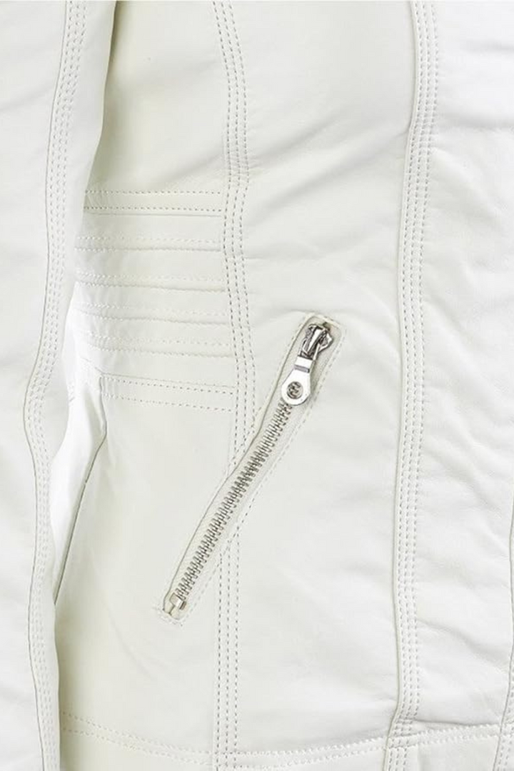 Damen Lederoptik Jacke mit Kapuze in Weiß | Wetterfeste Übergangsjacke mit abnehmbarer Kapuze und weichem Innenfutter